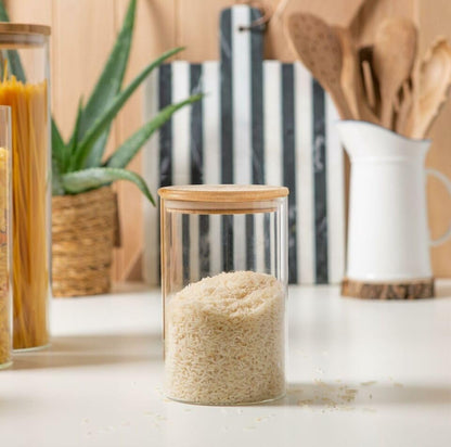 Bocaux de rangement transparents en verre borosilicaté | Couvercle en bambou | Pâtes, farine, céréales, riz, sucre, thé, grains de café | Hermétique
