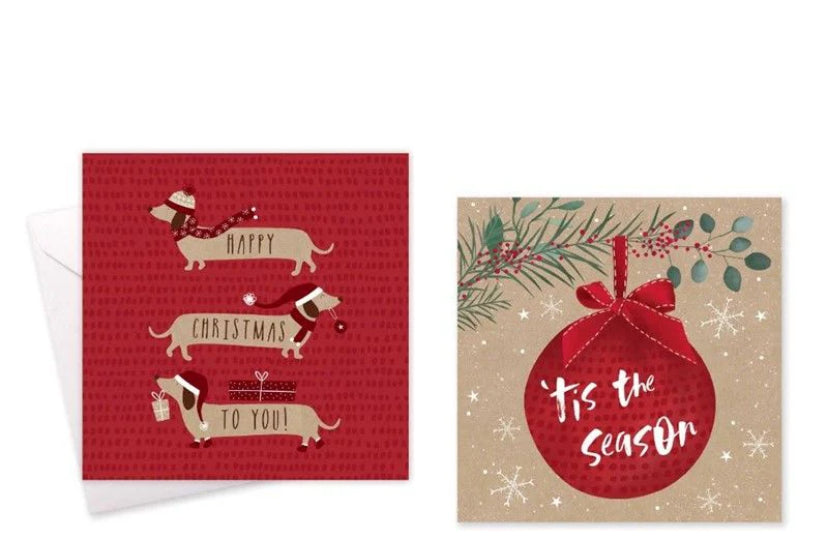 SQUARE BOXED CHRISTMAS CARDS KRAFT DOGS&BAUBLES 10PACK