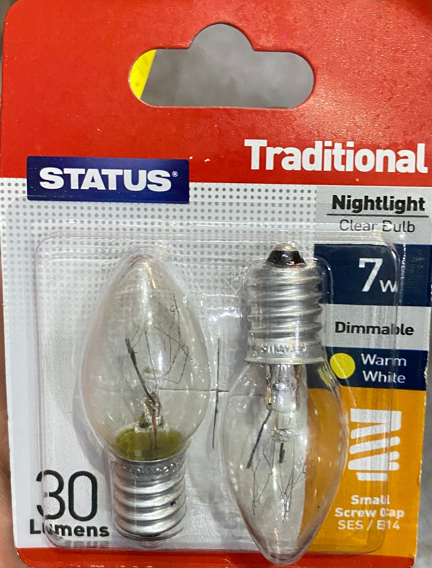 STATUS Veilleuse traditionnelle, ampoule claire 7 W, intensité variable, blanc chaud, petit culot à vis SES/E14