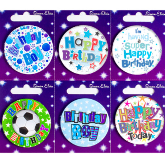 SIMON ELVIN SMALL HAPPY BIRTHDAY/ BIRTHDAY BOY BADGES ASSORTED DESIGNS