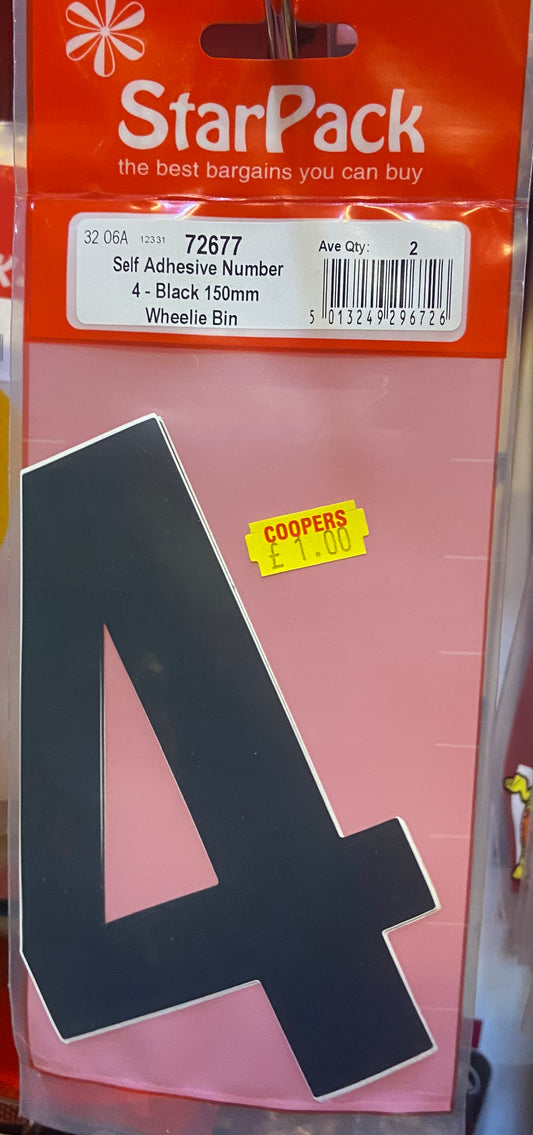 STARPACK AUTO-ADHÉSIF CHIFFRE 4 NOIR 150mm POUBELLE ROULANTE