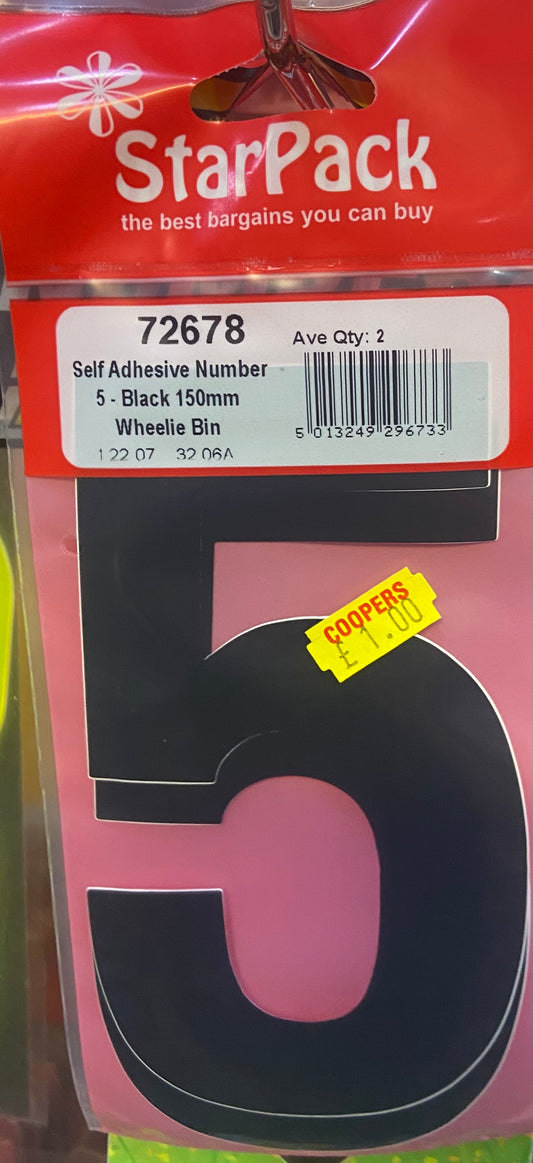 STARPACK SELF ADHESIVE NUMBER 5 BLACK 150mm WHEELIE BIN