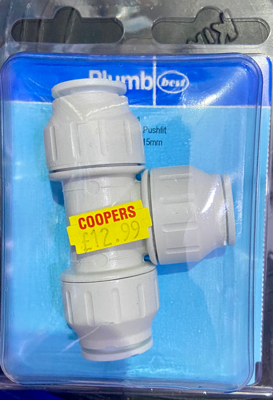 PLUMB EQUAL TEE PUSHFIT CONNECTOR 15mm WHITE