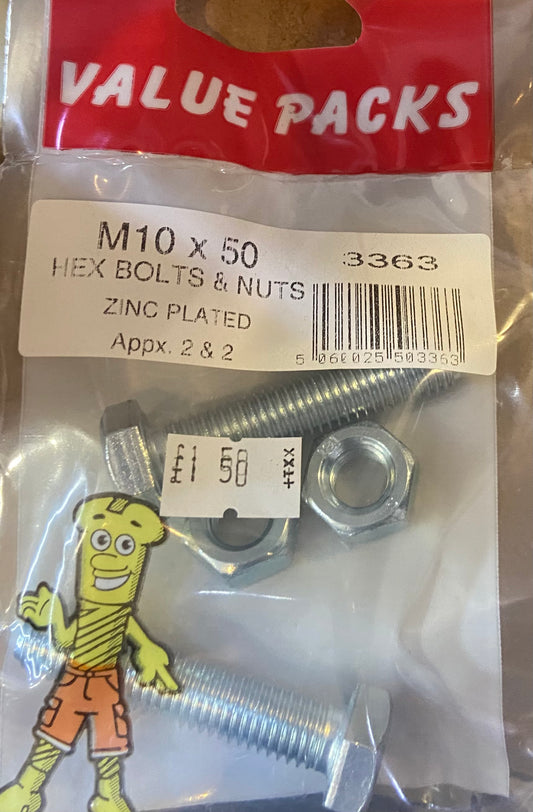 VALUE PACKS M10x50 HEX BOLTS & NUTS ZINC PLATED