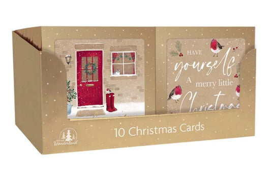 CARTES DE NOËL CARRÉES AVEC ENVELOPPES KRAFT TEXTE PORTE ET ROUGE-GORGE LOT DE 10