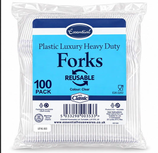 ESSENTIAL PLASTIC LUXURY HEAVY DUTY FORKS REUSABLE CLEAR 100pk