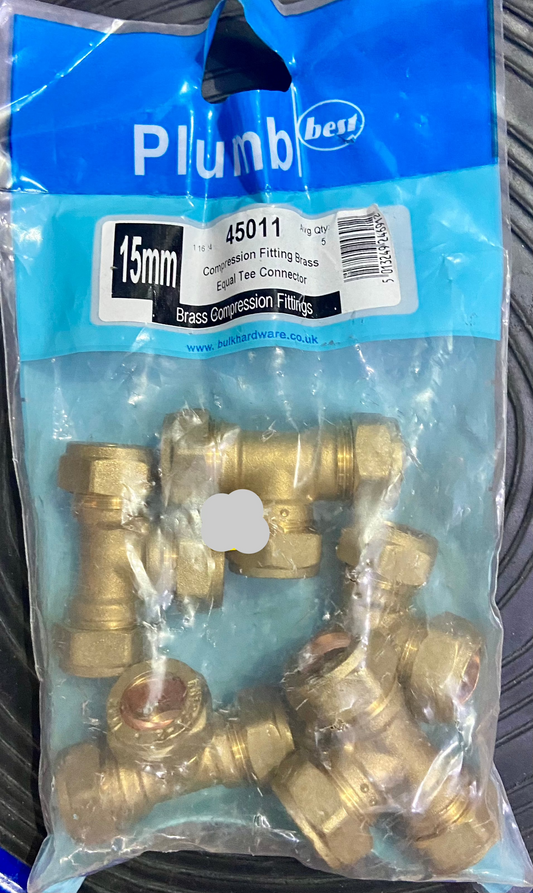 15mm COMPRESSION FITTING BRASS EQUAL TEE CONNECTOR