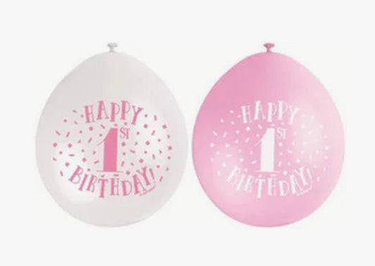 9in UNIQUE PINK HAPPY 1th  BIRTHDAY LATEX BALLOONS 10
