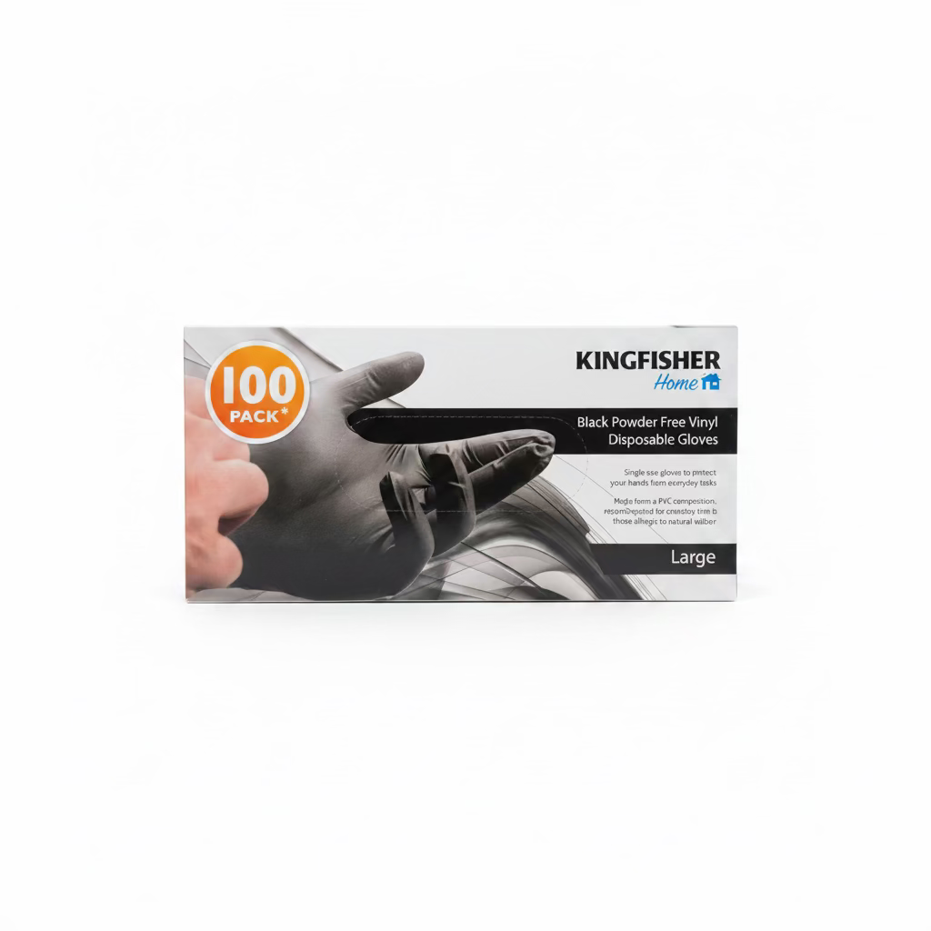 KINGFISHER LARGE BLACK POWDER FREE VINYL DISPOSABLE GLOVES 100pack