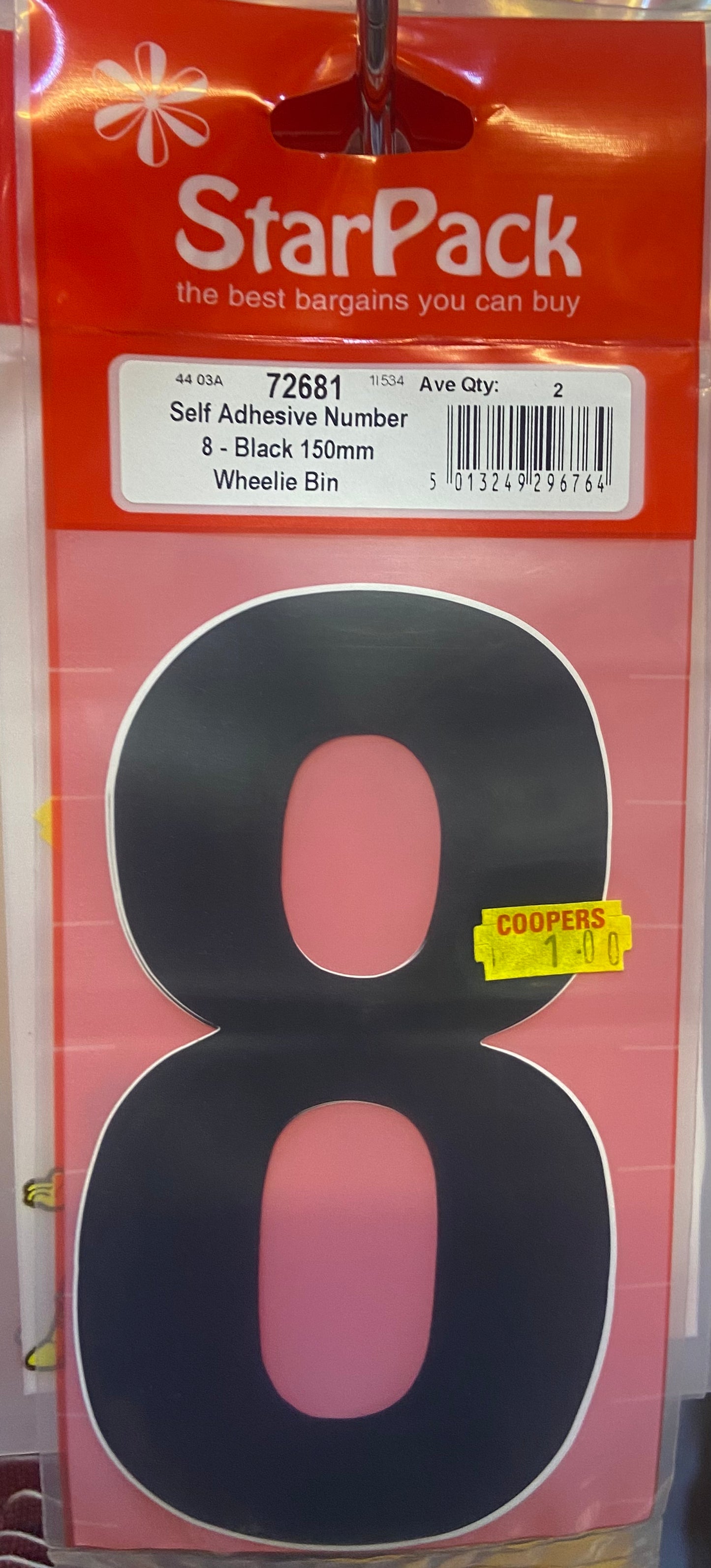 STARPACK SELF ADHESIVE NUMBER 8 BLACK 150mm WHEELIE BIN