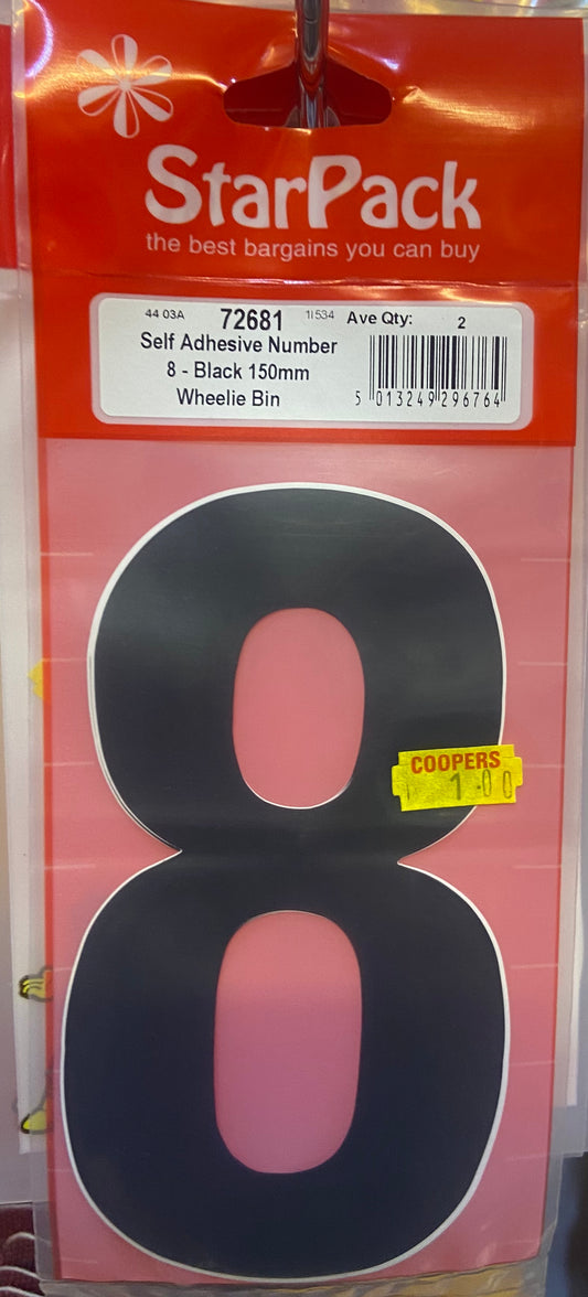STARPACK SELF ADHESIVE NUMBER 8 BLACK 150mm WHEELIE BIN