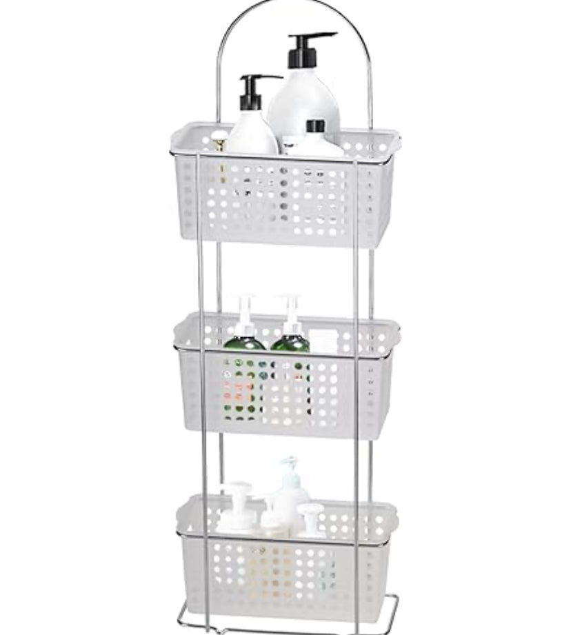 3 Tier Standing Caddy Chrome with Plastic Baskets