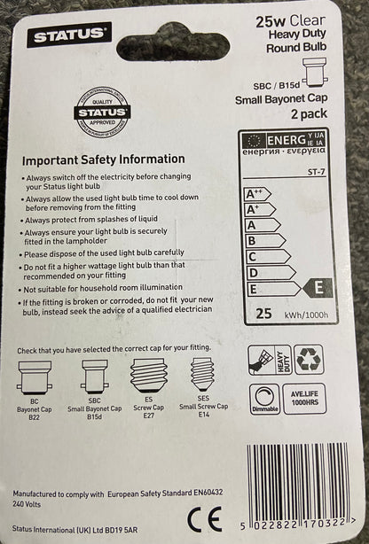 STATUS SBC/B15D HEAVY DUTY ROUND BULB 25w CLEAR