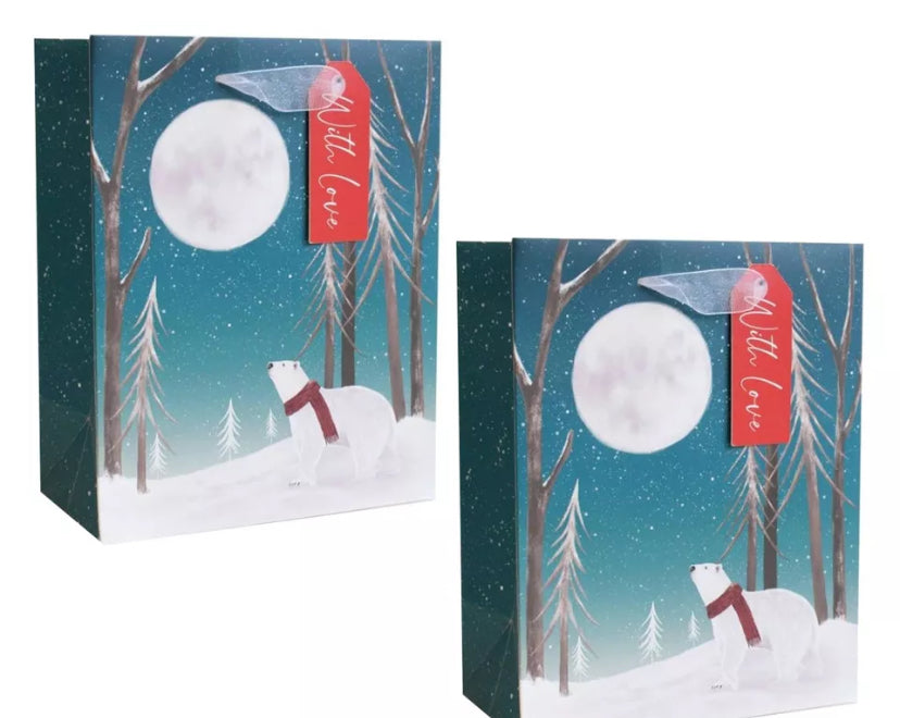 Lot de 2 sacs cadeaux de Noël avec étiquette - 23cm x 18cm x 10cm - Ours polaire / Lune