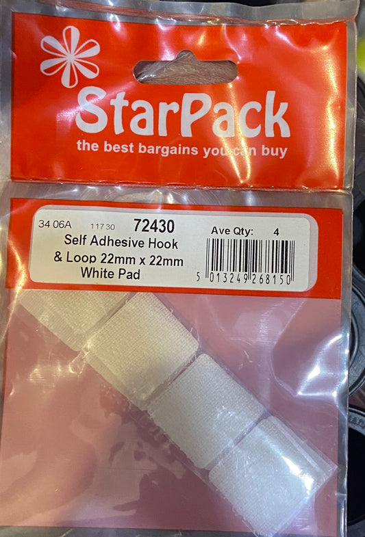 STARPACK CROCHET ET BOUCLE AUTO-ADHÉSIFS 22mm x 22mm TAMPON BLANC