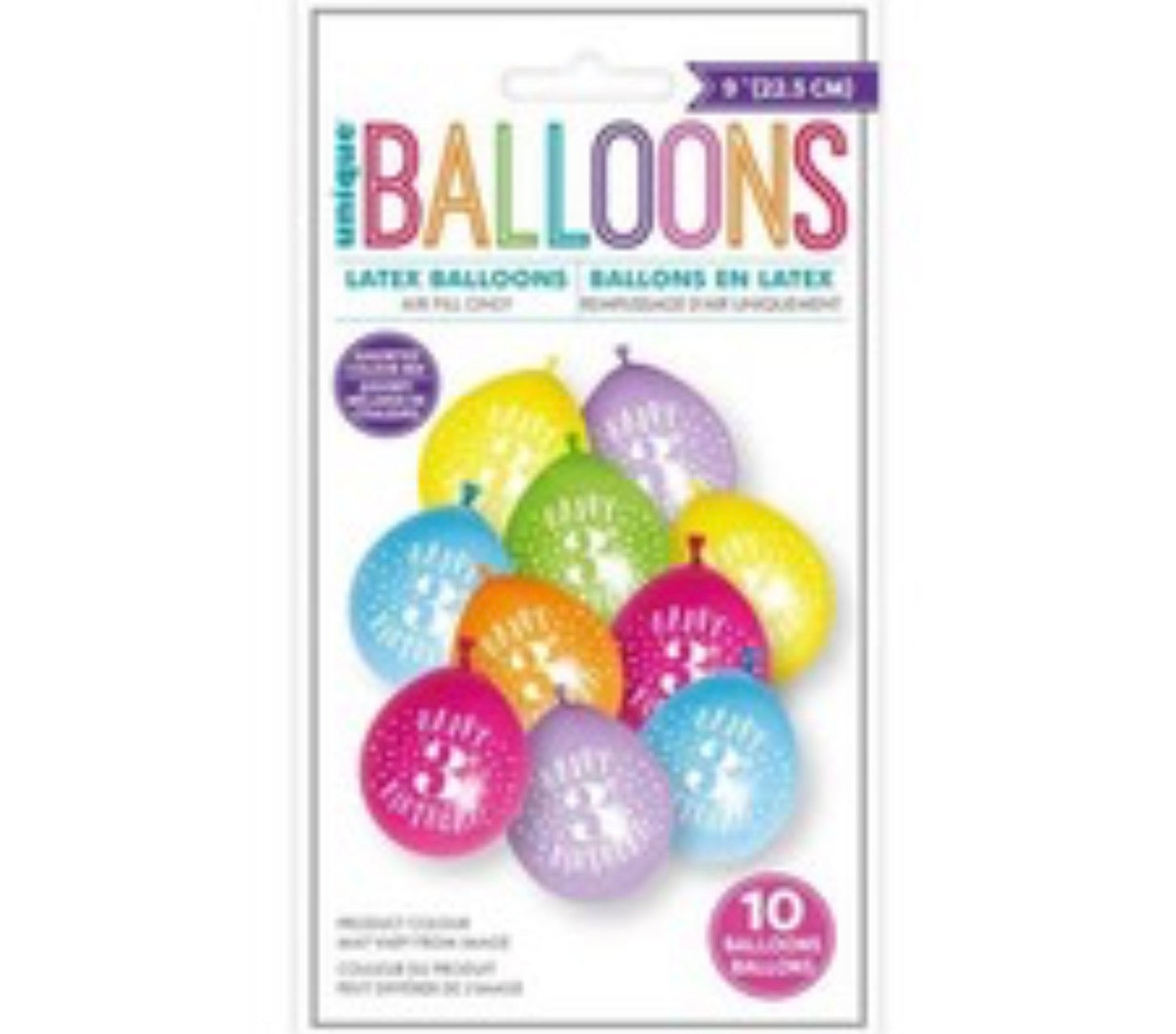 9in UNIQUE HAPPY 3 BIRTHDAY LATEX BALLOONS 10