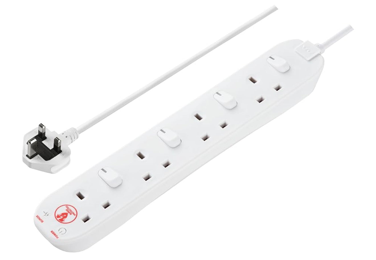 Multiprise Masterplug quatre prises, câble de 2 mètres, protection contre les surtensions, interrupteurs individuels, voyants LED d'alimentation et de surtension, câble d'extension à 4 voies, bande d'alimentation, blanc, 13A, 4G, 2m.