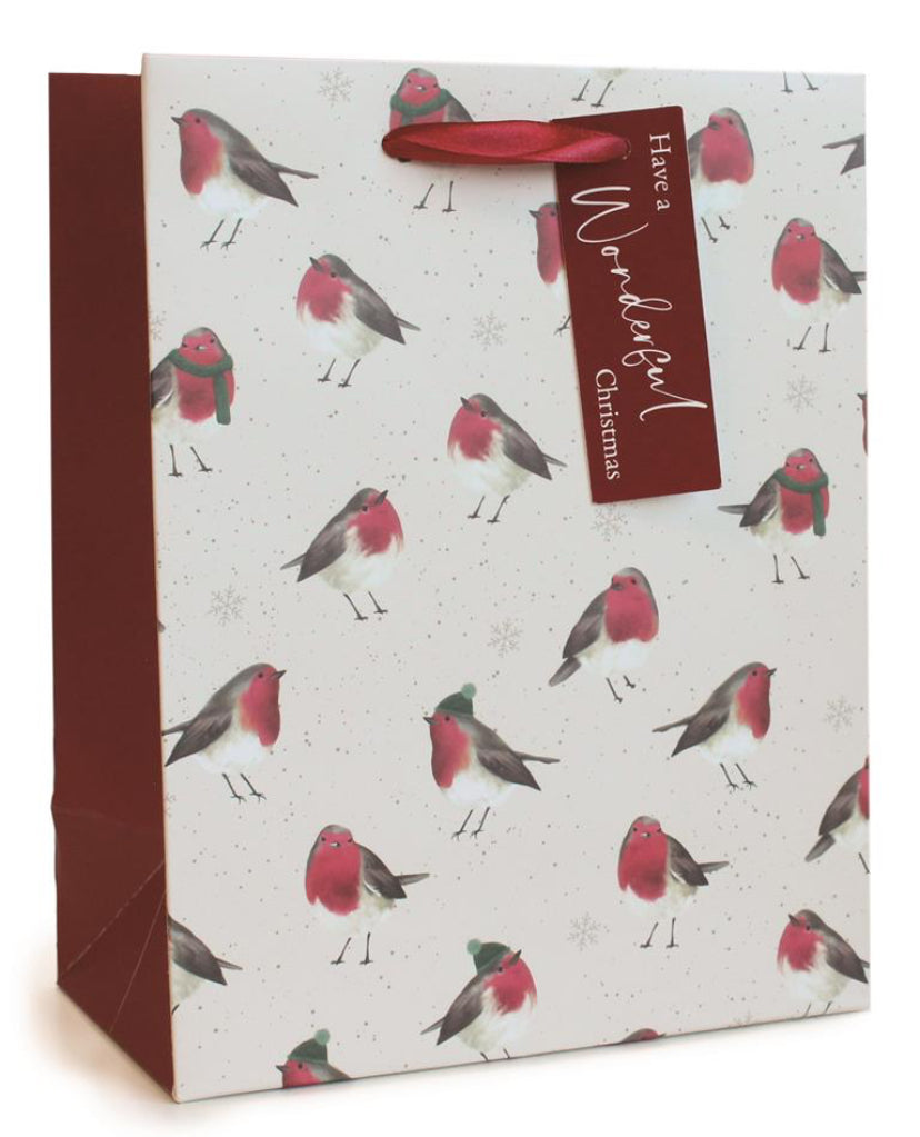 SAC CADEAU DE NOËL MOTIF ROUGE-GORGE MOYEN (18 X 23 X 10CM)
