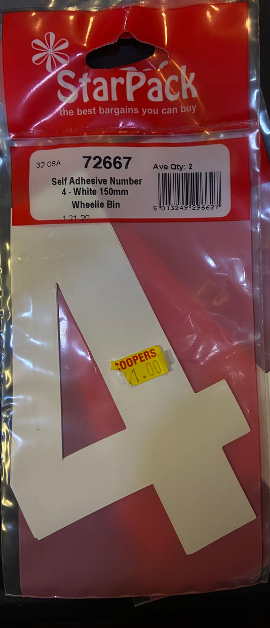 STARPACK SELF ADHESIVE NUMBER 4 WHITE 150mm WHEELIE BIN