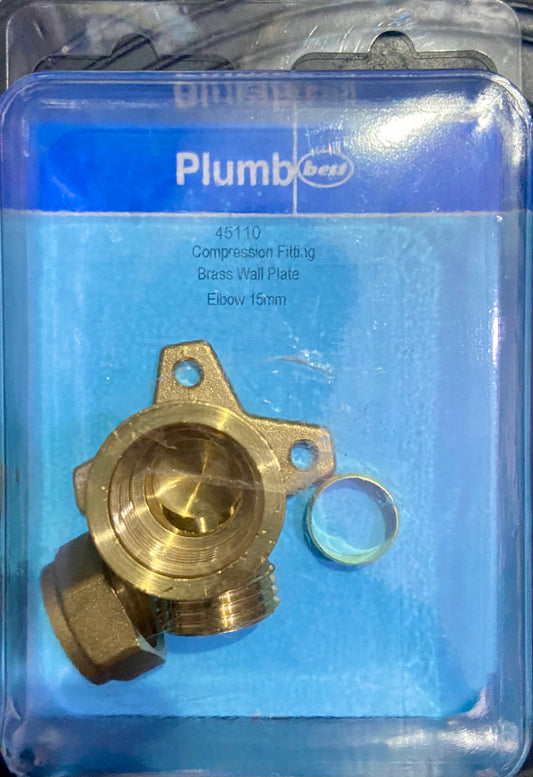 PLUMB COMPRESSION FITTING BRASS WALL PLATE ELBOW 15mm