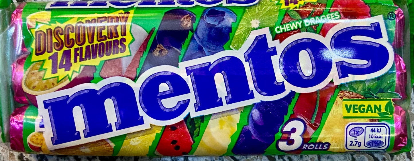 MENTOS DRAGÉES À MÂCHER DÉCOUVERTE 14 SAVEURS 3 ROULEAUX