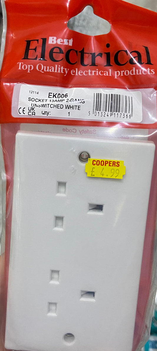 SOCKET 13AMP 2-GANG UNSWITCHED WHITE