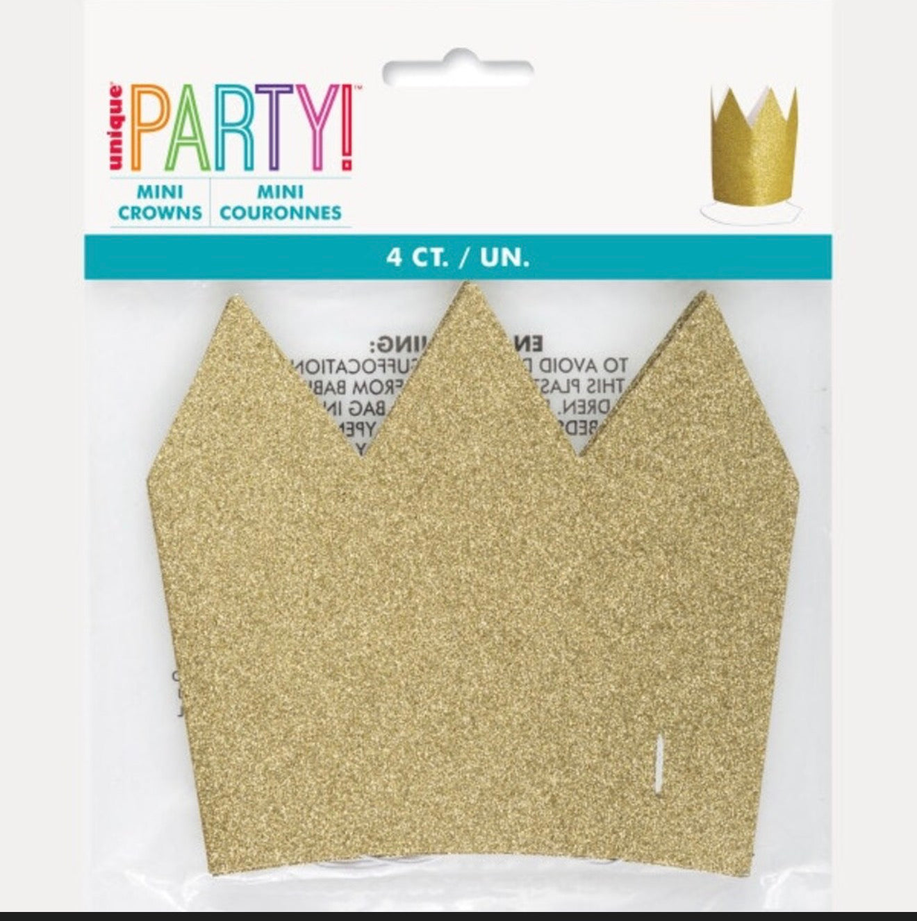 UNIQUE 4pk MINI GOLD GLITTER PAPER CROWNS