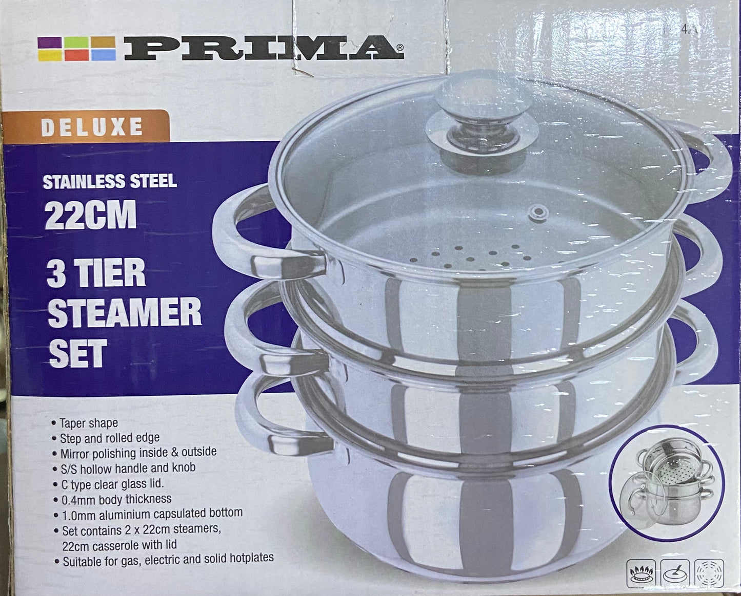 Prima 3 Tier 22cm Steamer Set with Glass Lid