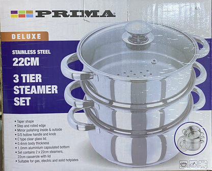 Prima 3 Tier 22cm Steamer Set with Glass Lid