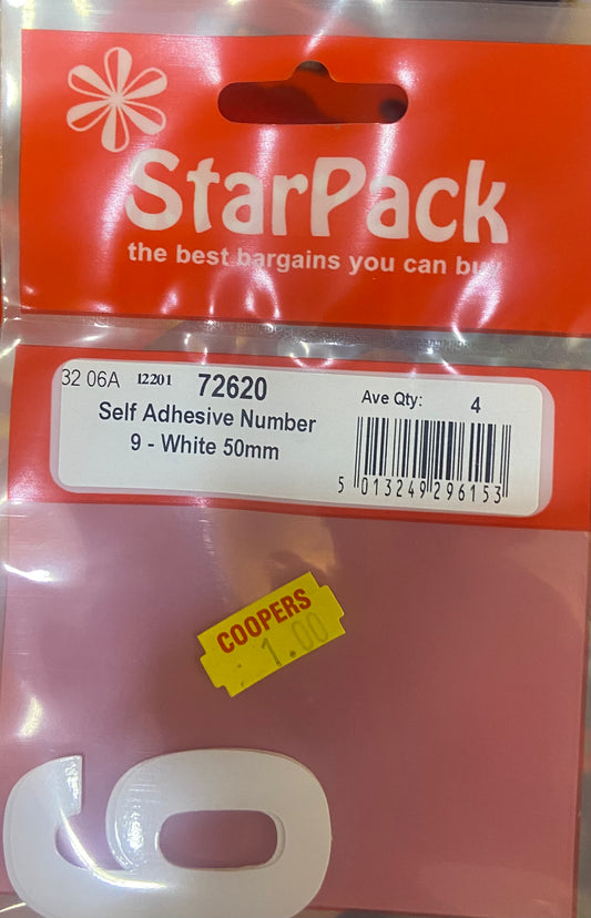 STARPACK SELF ADHESIVE NUMBER 9 WHITE 50mm