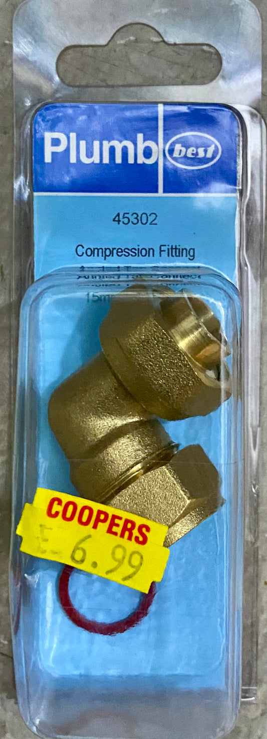 PLUMB COMPRESSION FITTING ANGLED TAP CONNECT 15mm x 1/2 BSP