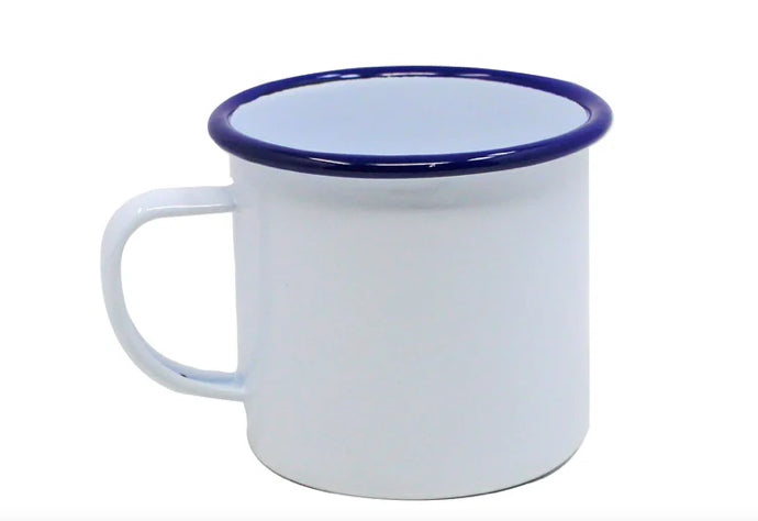 Mug Enamel Falcon White Blue Rim 9cm Coffee Tin Gas & Electric Hobs Compatible