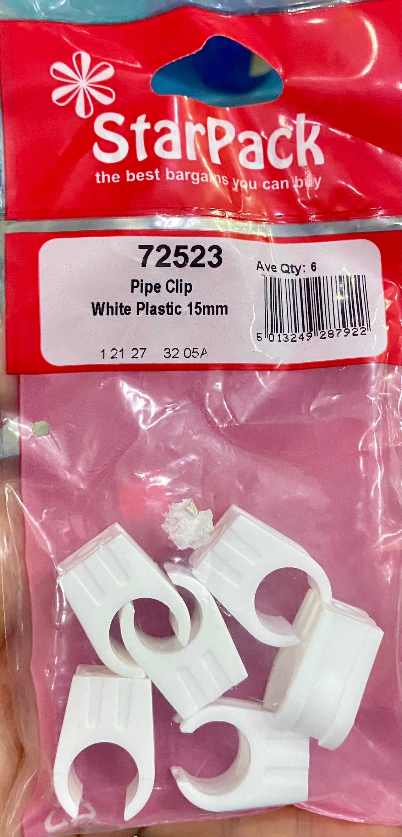 STAR PACK PIPE CLIP WHITE PLASTIC 15mm
