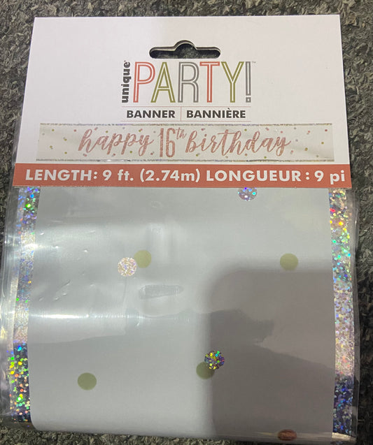 Banderole d'anniversaire 16 ans Or Rose Pailleté 2,74 m