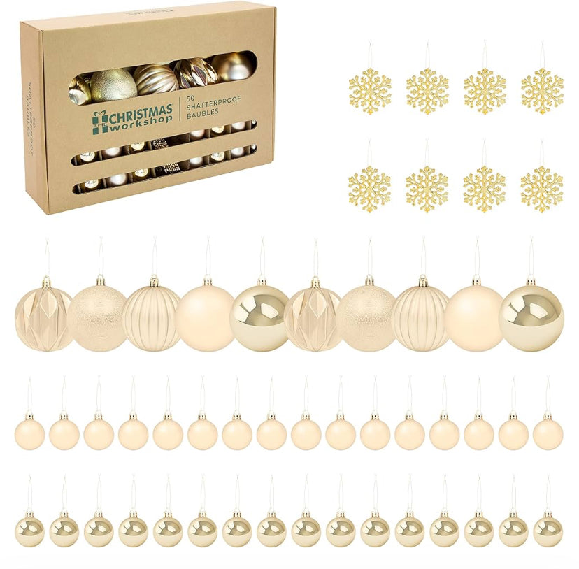 CHRISTMAS 50 SHATTERPROOF BAUBLES GOLD MIXED SIZE