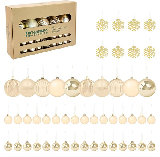 The Christmas Workshop Champagne Shatterproof Christmas Baubles – Set of 50, Mixed Sizes
