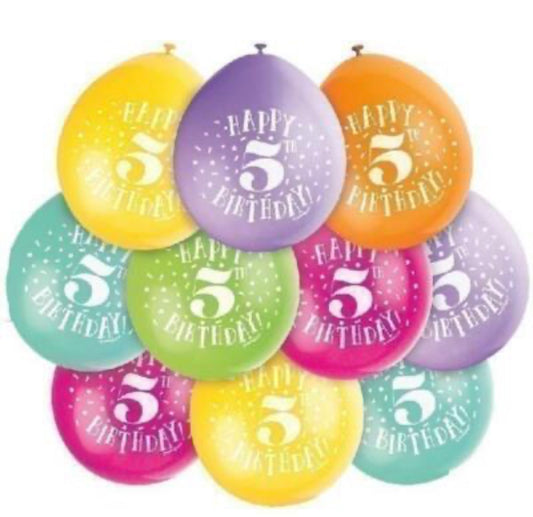 9in UNIQUE HAPPY 5 BIRTHDAY LATEX BALLOONS 10