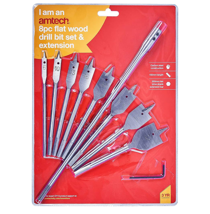 AMTECH Ensemble de 8 mèches plates pour bois et rallonge