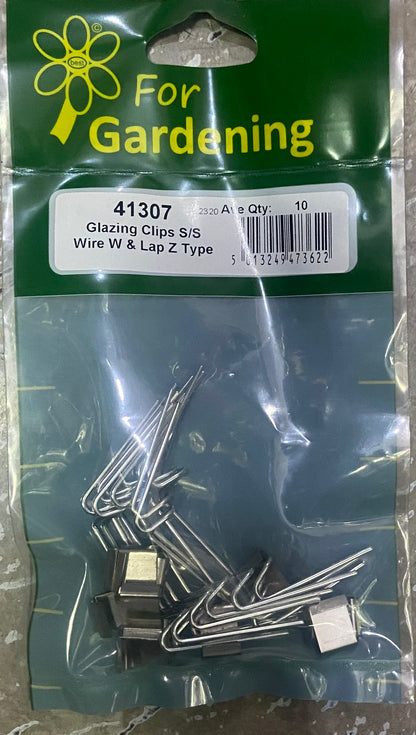 Attaches de vitrage pour serre, types fil en 'W' et chevauchement en 'Z' (10 de chaque type), acier inoxydable