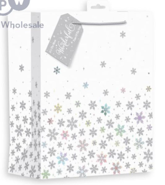 SAC CADEAU GRAND MODÈLE AVEC PAPIER GLACÉ COLORÉ ET FLOCONS DE NEIGE GIFTMAKER