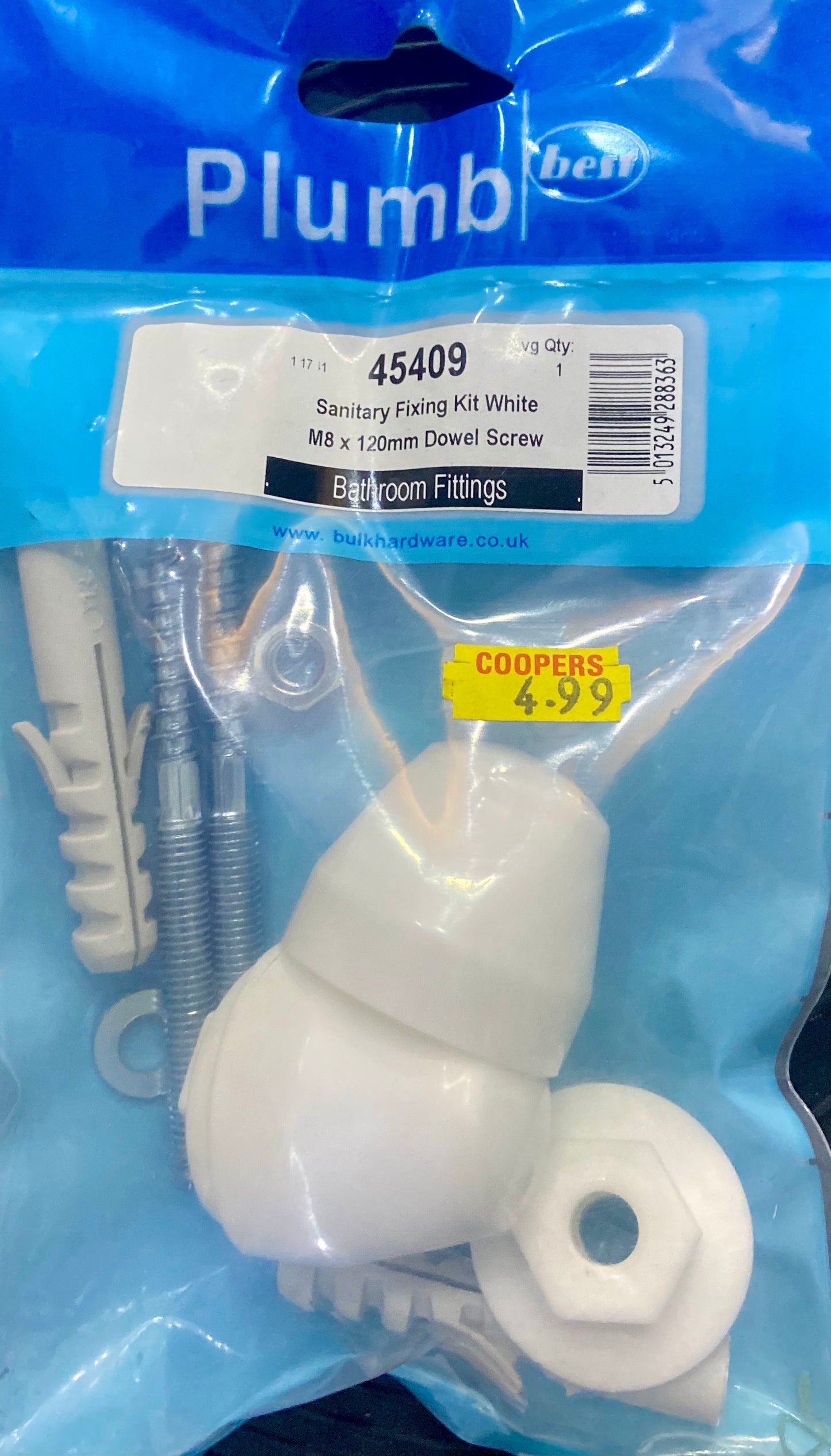 PLUMB SANITARY FIXING KIT WHITE M8 x 120mm DOWEL SCREW