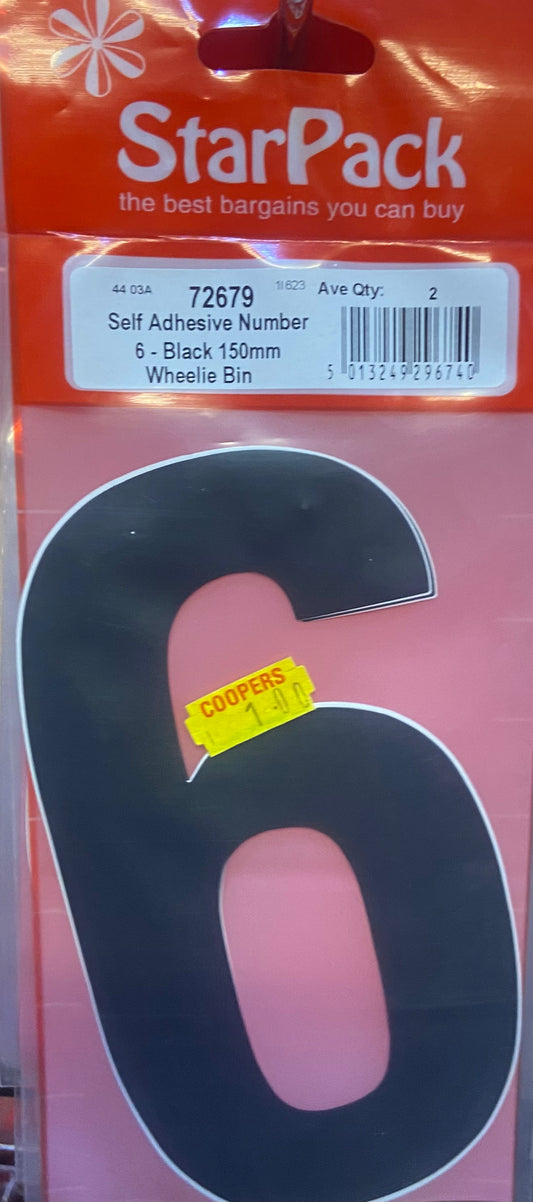 STARPACK SELF ADHESIVE NUMBER 6 BLACK 150mm WHEELIE BIN