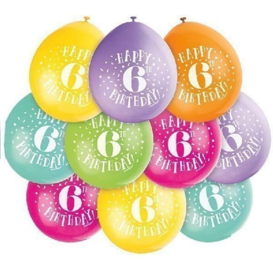 9in UNIQUE HAPPY 6 BIRTHDAY LATEX BALLOONS 10