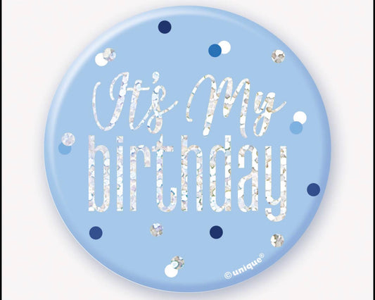 Badge "Joyeux Anniversaire" scintillant bleu de 7,6 cm