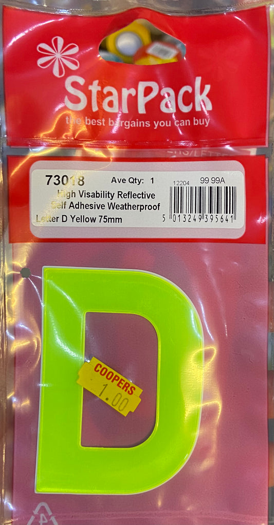 STARPACK SELF ADHESIVE WEATHERPROOF LETTER D YELLOW 75mm