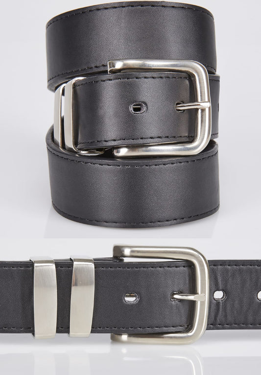 Ceinture Homme Étroite en Cuir Noir Doublée, Boucle Argentée XXL (117-122 cm)
