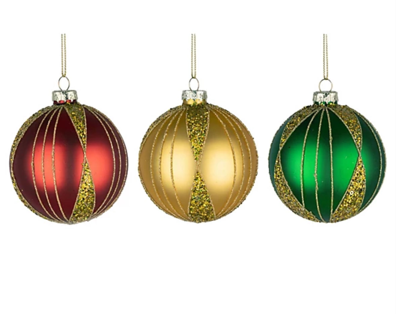 GLASS BAUBLES 8cm RED, GOLD & GREEN