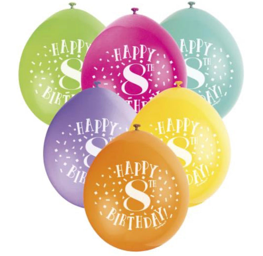 9in UNIQUE HAPPY 8 BIRTHDAY LATEX BALLOONS 10