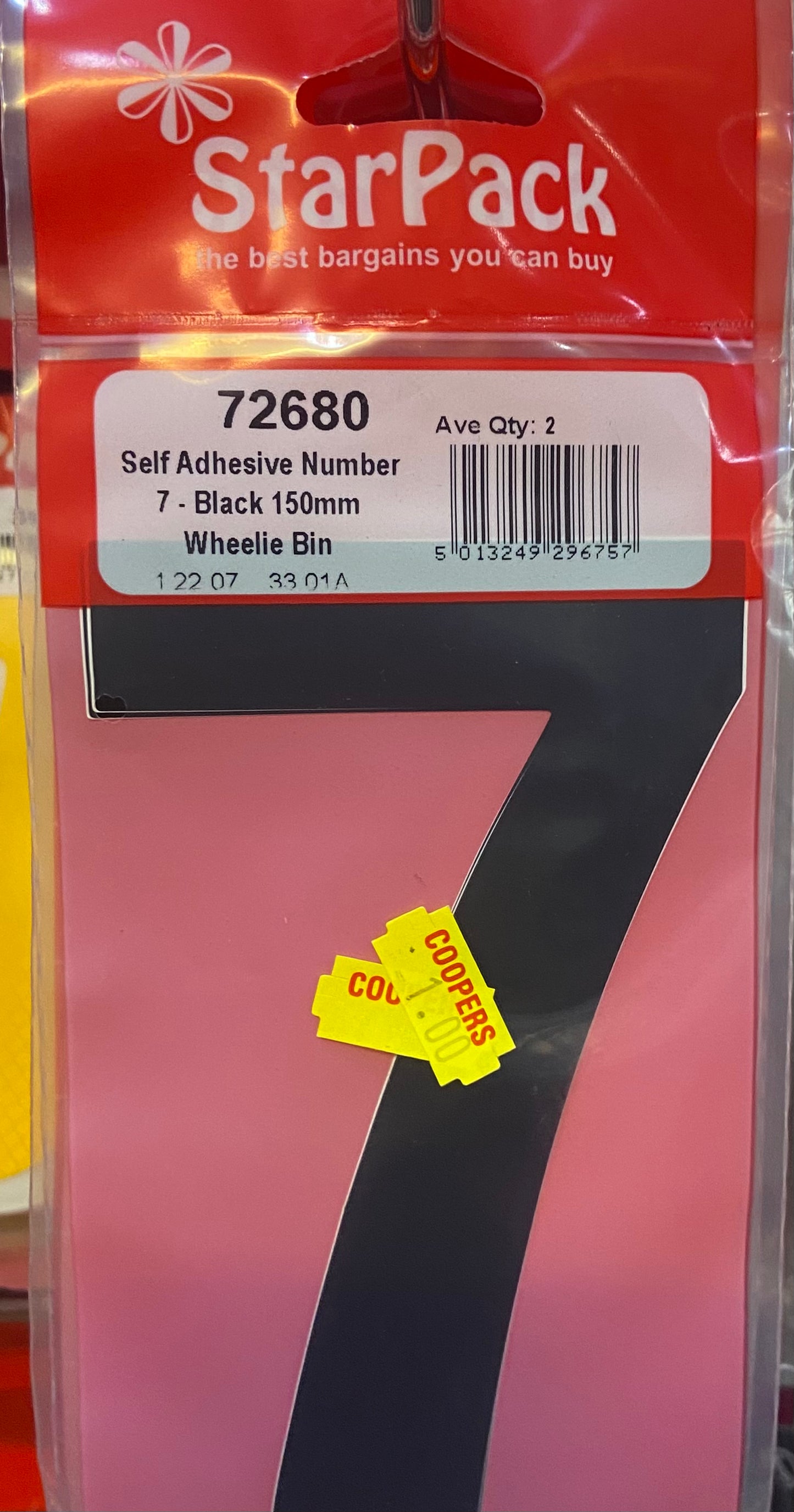 STARPACK AUTOCOLLANT NUMÉRO 7 NOIR 150mm POUBELLE ROULANTE