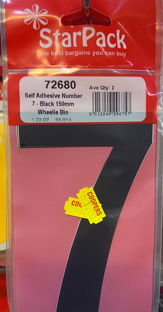 STARPACK SELF ADHESIVE NUMBER 7 BLACK 150mm WHEELIE BIN